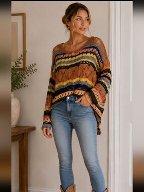Umgee Oversized Multicolor Striped Open-Knit Women's Sweater NWT